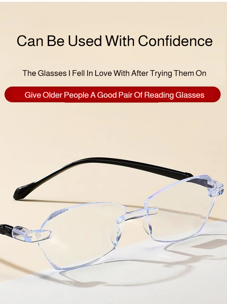 Lightweight frameless blue light blocking reading glasses on desk