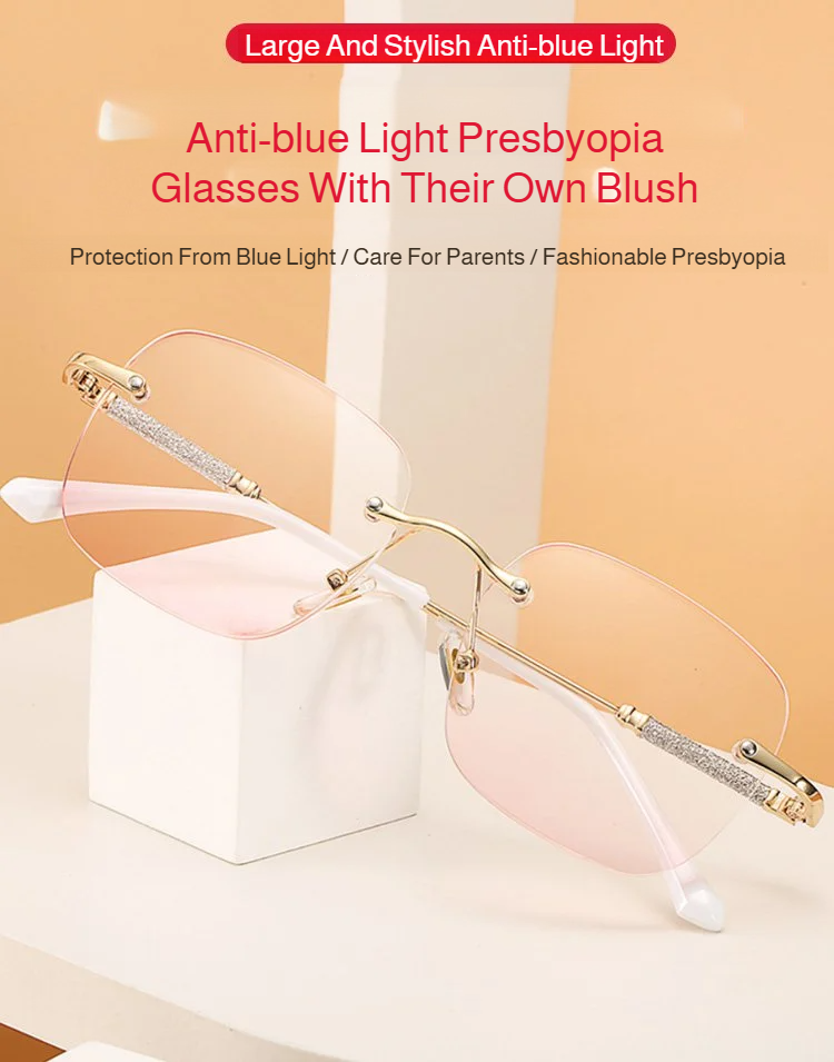 Side profile showing blush accent on rimless reading glasses