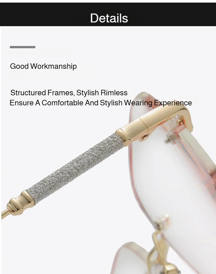 Front view of stylish rimless reading glasses with blush accent