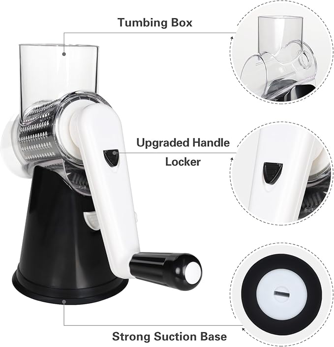 Rotary Cheese Grater with 3 Interchangeable Blades, Manual Vegetable Slicer & Shredder