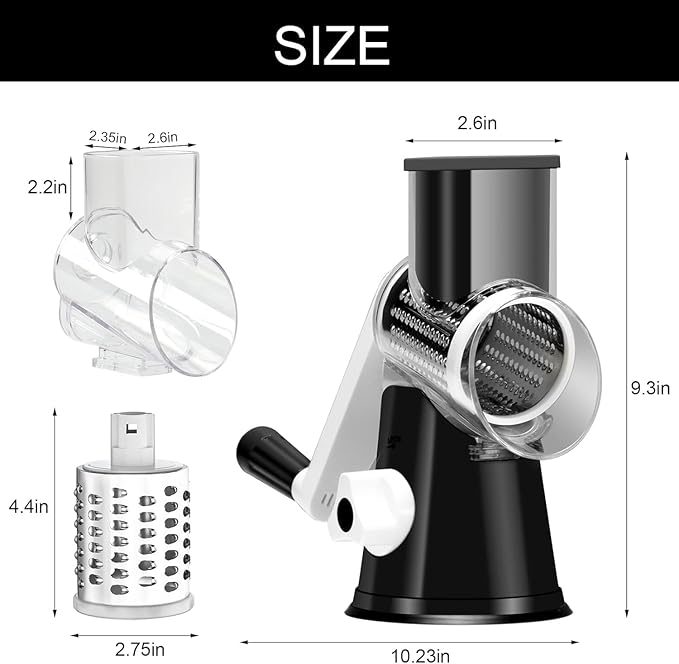 Rotary Cheese Grater with 3 Interchangeable Blades, Manual Vegetable Slicer & Shredder