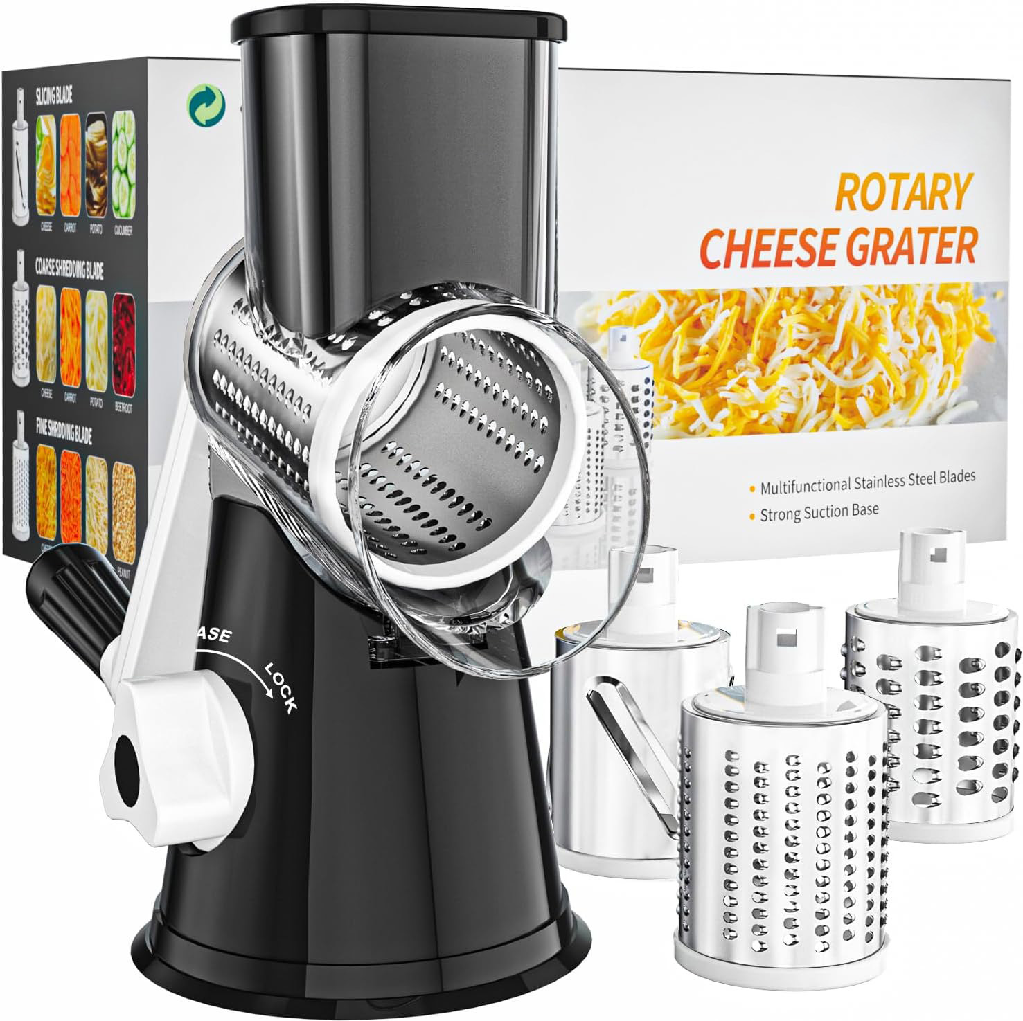 Rotary Cheese Grater with 3 Interchangeable Blades, Manual Vegetable Slicer & Shredder