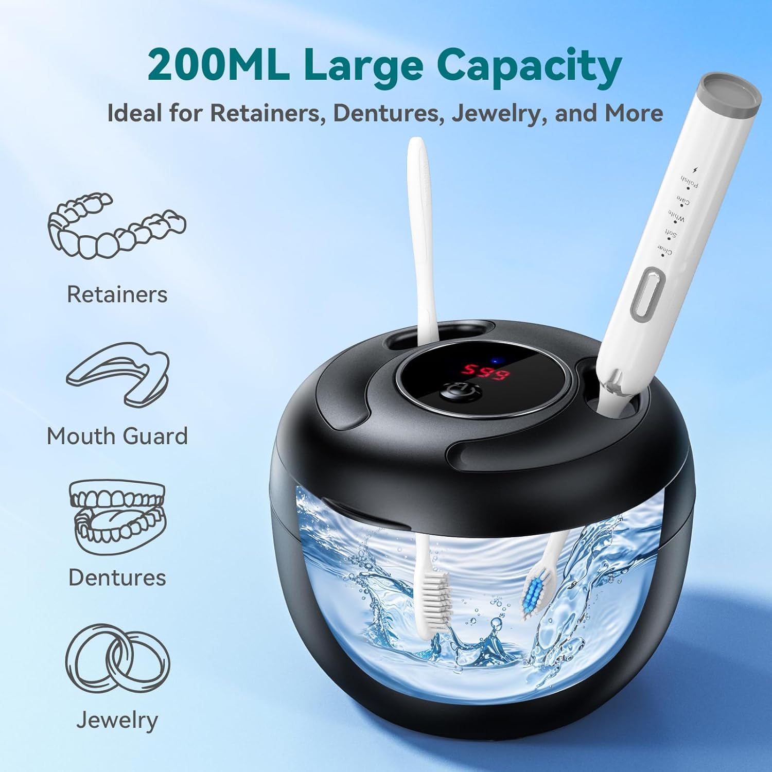 2-in-1 Ultrasonic Cleaner with UV-C Sanitization, for Dental Appliances & Small Items