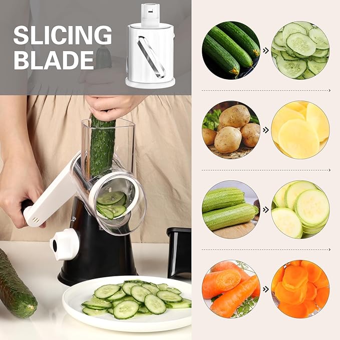 Rotary Cheese Grater with 3 Interchangeable Blades, Manual Vegetable Slicer & Shredder