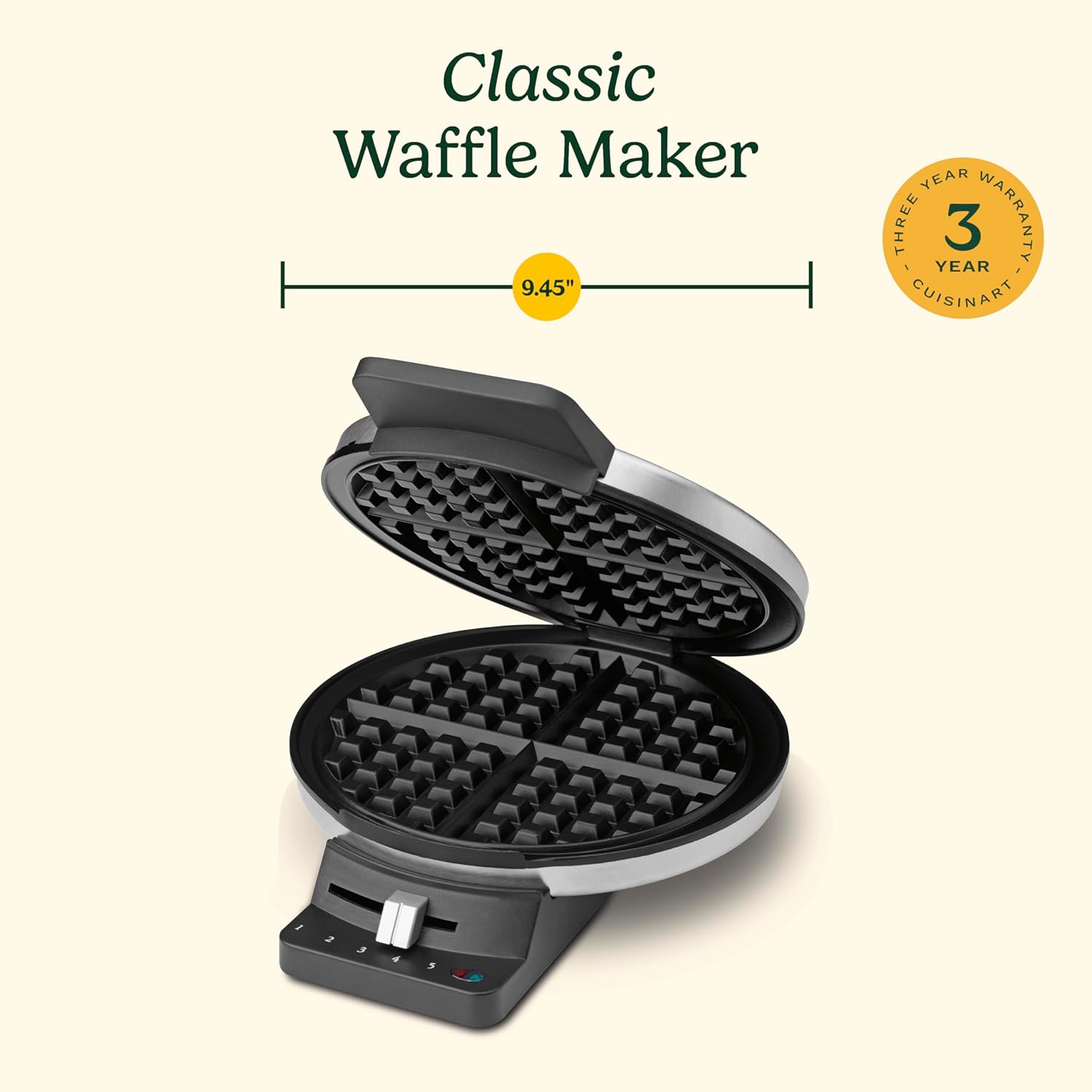 Round Waffle Maker with Adjustable Browning Control & Non-Stick Plates