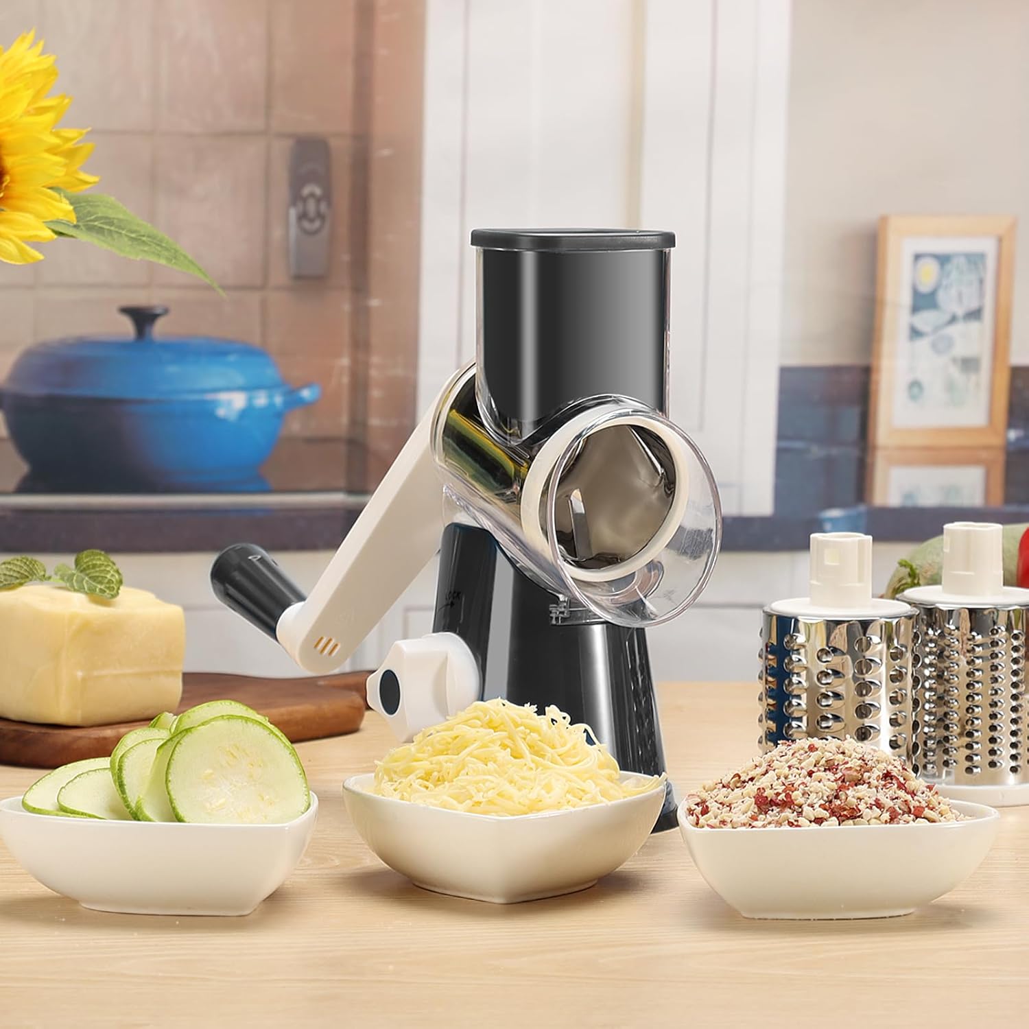 Rotary Cheese Grater with 3 Interchangeable Blades, Manual Vegetable Slicer & Shredder