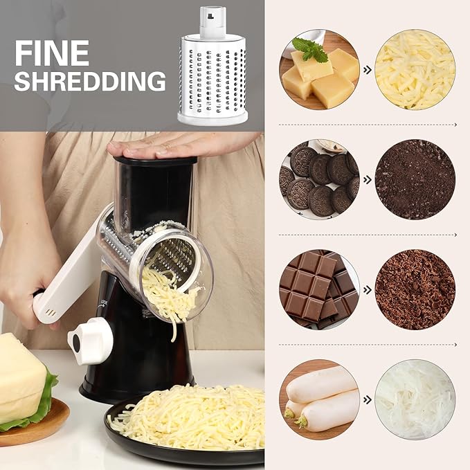 Rotary Cheese Grater with 3 Interchangeable Blades, Manual Vegetable Slicer & Shredder