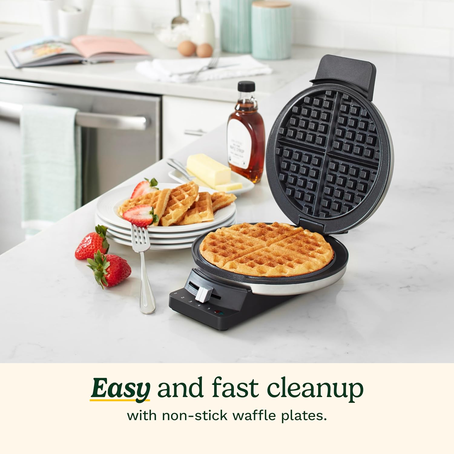 Round Waffle Maker with Adjustable Browning Control & Non-Stick Plates