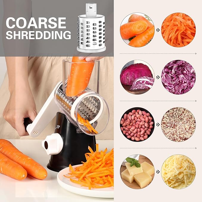 Rotary Cheese Grater with 3 Interchangeable Blades, Manual Vegetable Slicer & Shredder