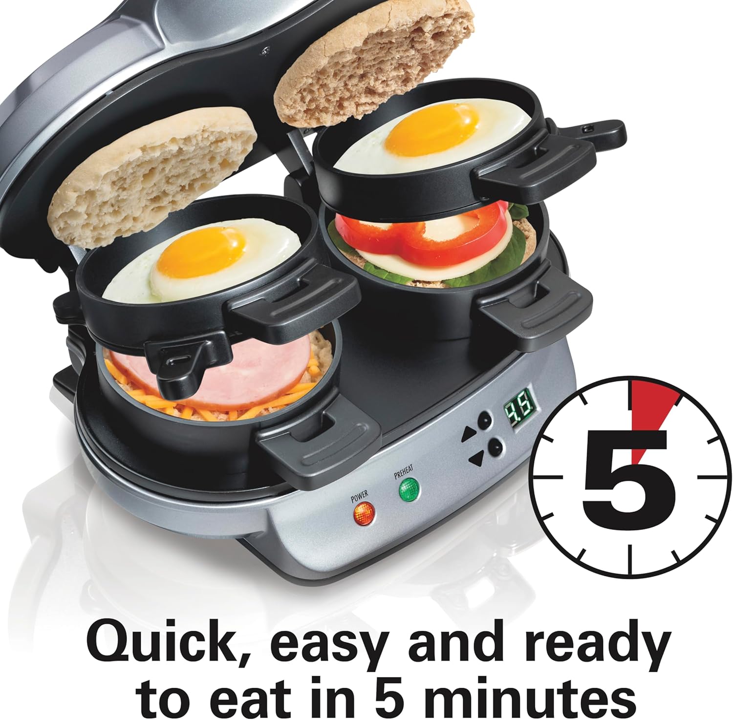 Dual Breakfast Sandwich Maker with Digital Timer & Non-Stick Plates