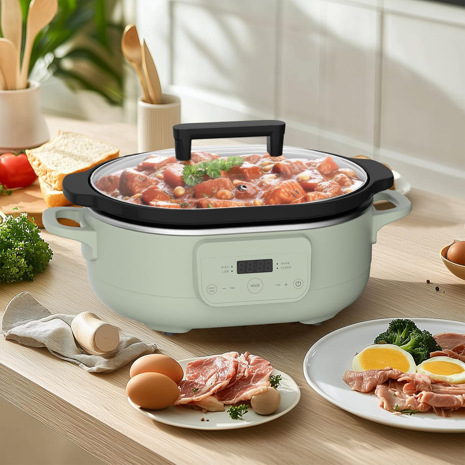 Digital Multi-Function Electric Slow Cooker with Keep-Warm Function & Tempered Glass Lid