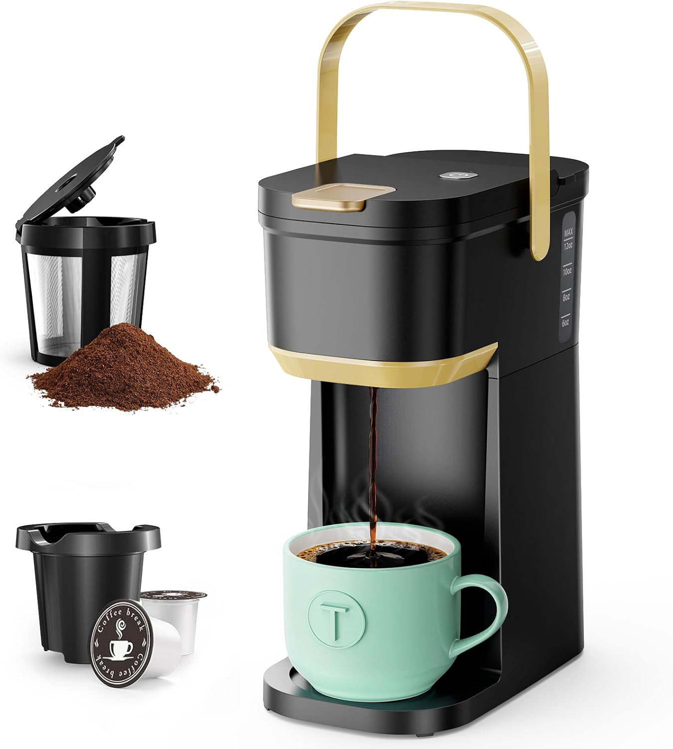 2-in-1 Single Serve Coffee Maker, K-Cup Pod & Ground Coffee Machine with Portable Handle, Black & Gold