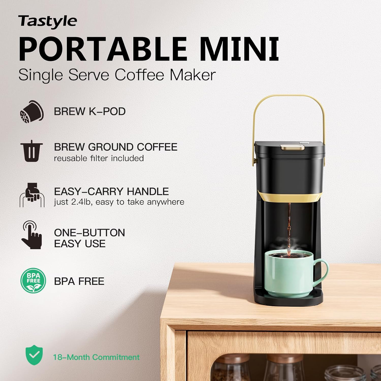 2-in-1 Single Serve Coffee Maker, K-Cup Pod & Ground Coffee Machine with Portable Handle, Black & Gold