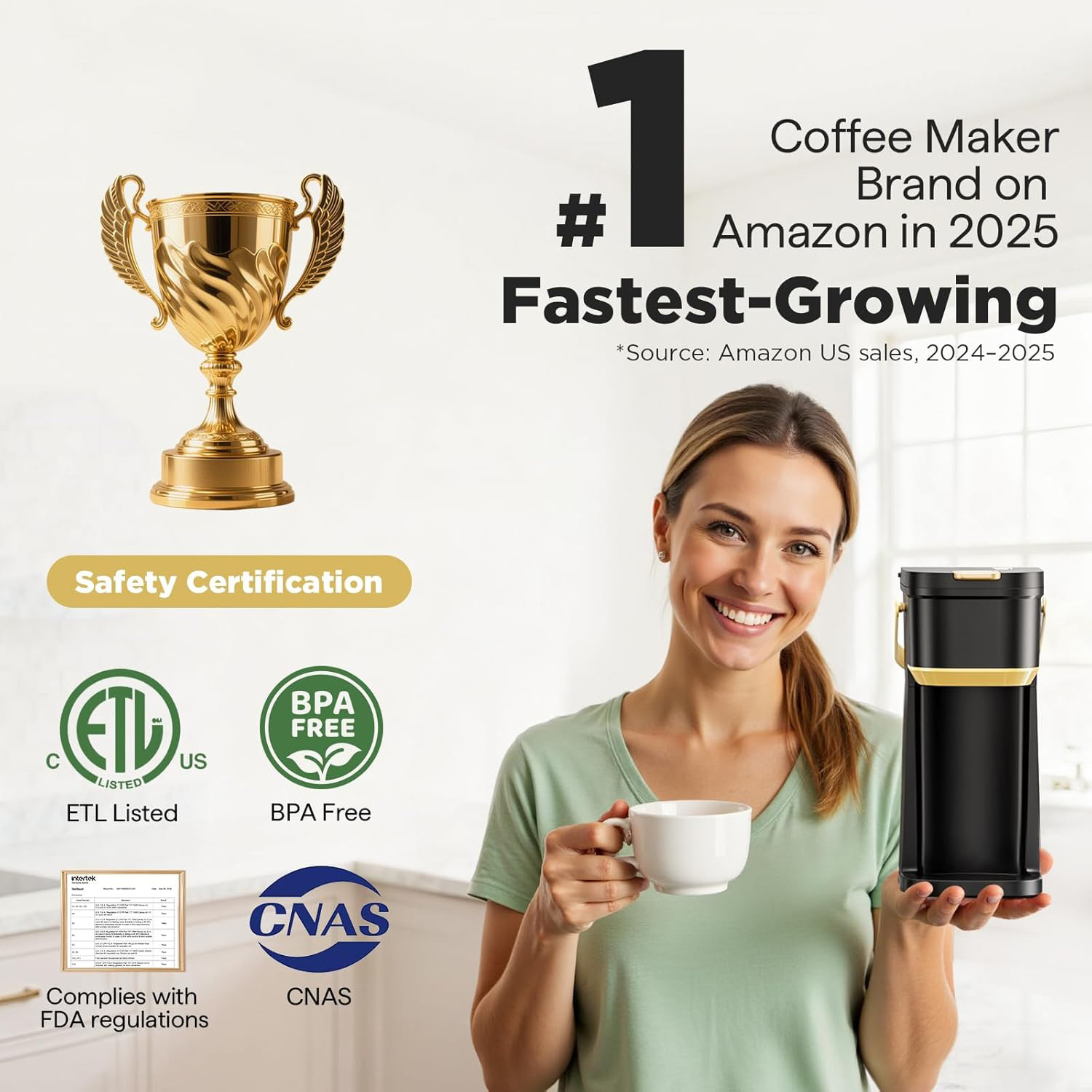 2-in-1 Single Serve Coffee Maker, K-Cup Pod & Ground Coffee Machine with Portable Handle, Black & Gold