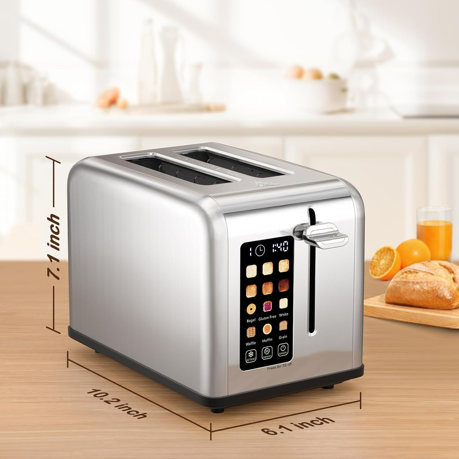 2-Slice Digital Stainless Steel Toaster, 12 Browning Settings with Presets for Bagel, Waffle & Gluten-Free Bread, LED Display