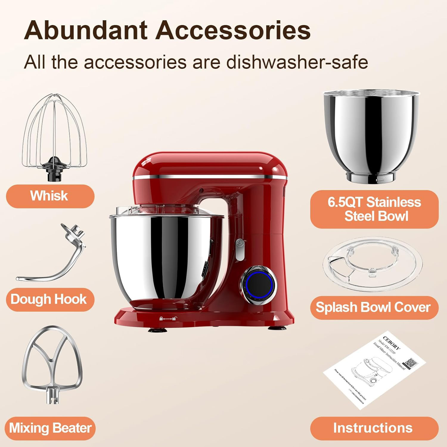 5.5 Quart Stand Mixer, 660W 10-Speed Tilt-Head Kitchen Electric Mixer with Dough Hook, Wire Whip & Beater, Red