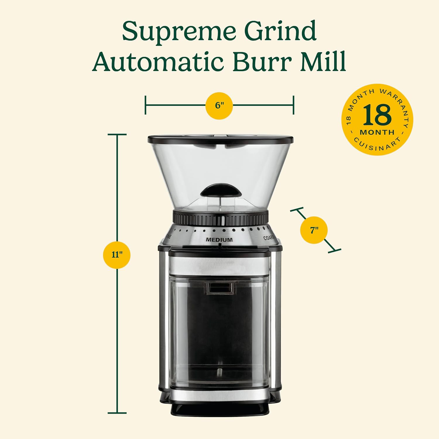 Conical Burr Coffee Grinder, 18 Grind Settings for Espresso, Pour Over, and French Press, Stainless Steel