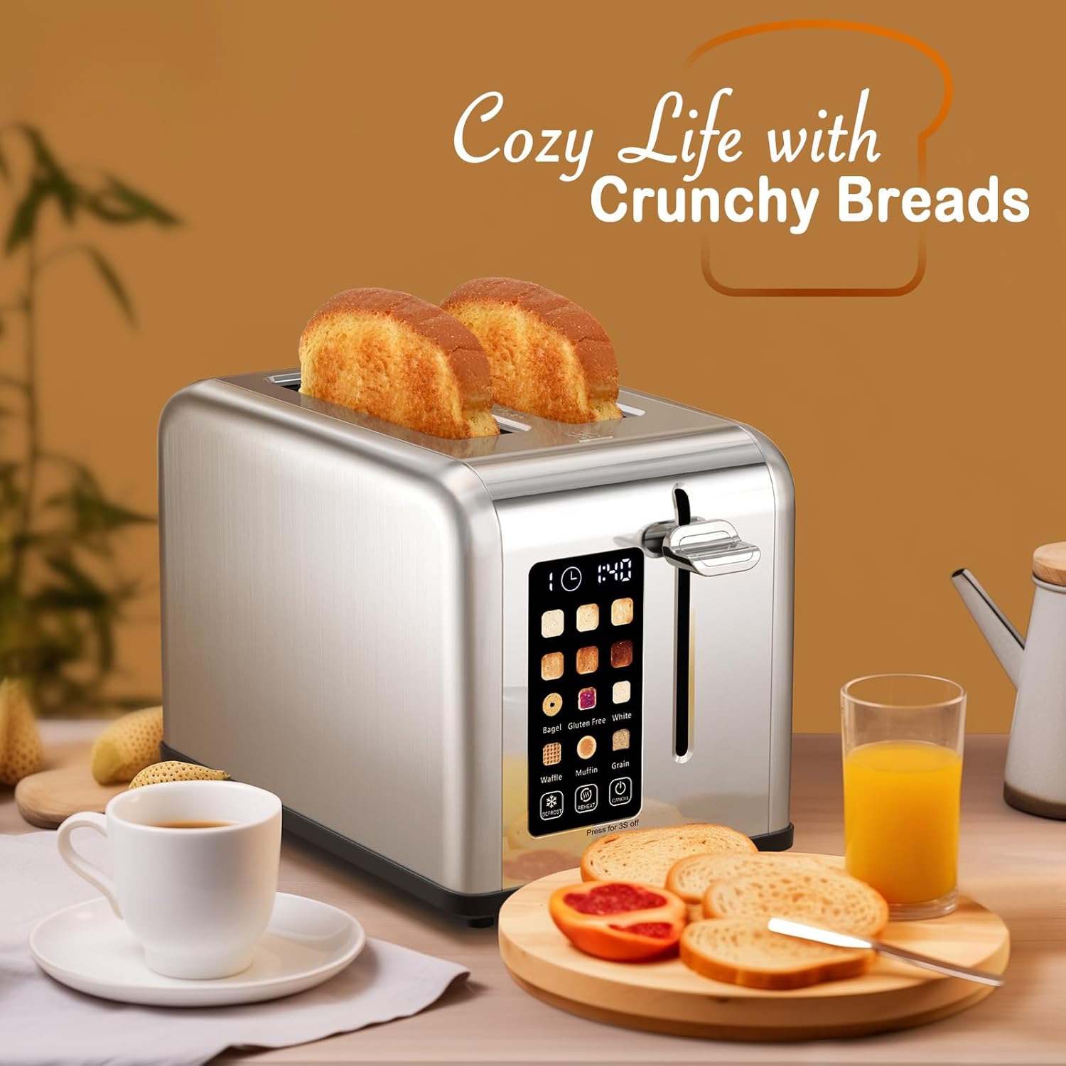 2-Slice Digital Stainless Steel Toaster, 12 Browning Settings with Presets for Bagel, Waffle & Gluten-Free Bread, LED Display