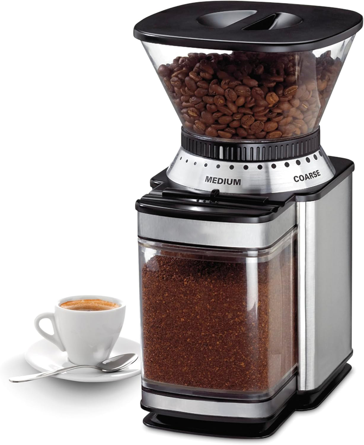 Conical Burr Coffee Grinder, 18 Grind Settings for Espresso, Pour Over, and French Press, Stainless Steel