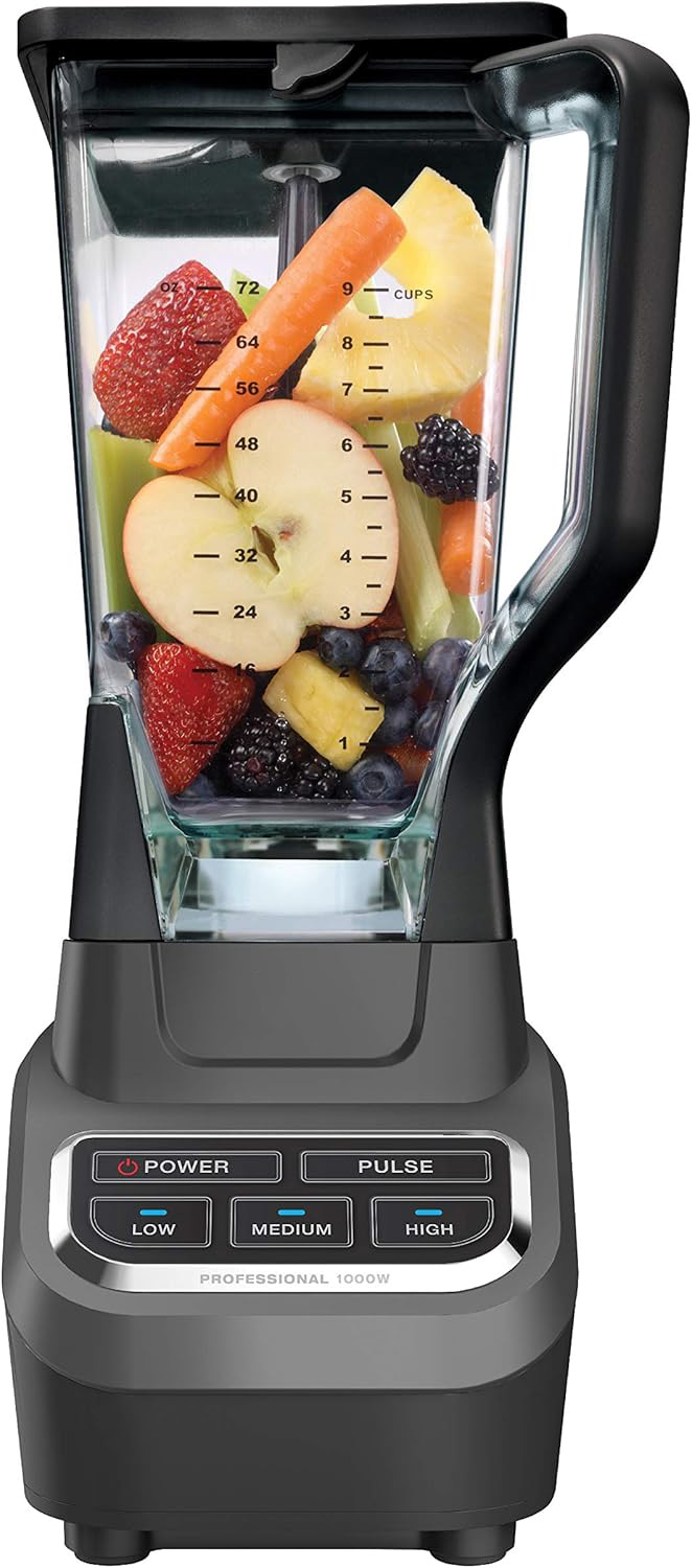 1000W Professional Blender, 72-Ounce Glass Jar, 3 Speed Settings with Pulse Function for Smoothies, Soups, and Frozen Drinks