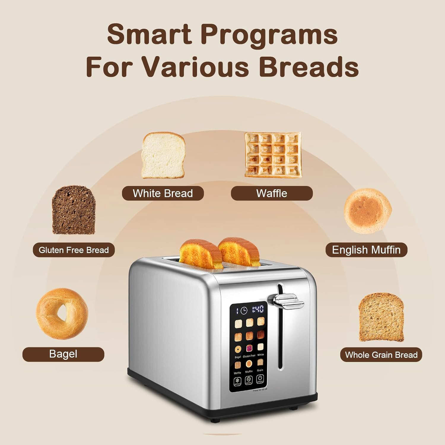 2-Slice Digital Stainless Steel Toaster, 12 Browning Settings with Presets for Bagel, Waffle & Gluten-Free Bread, LED Display