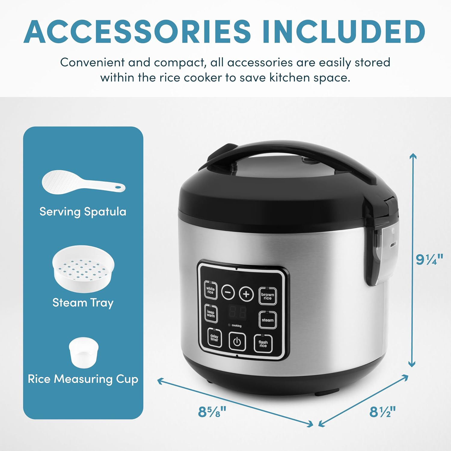 8-Cup Digital Rice Cooker with Steamer, Stainless Steel Multi-Function Cooker with Delay Timer & Keep Warm Function