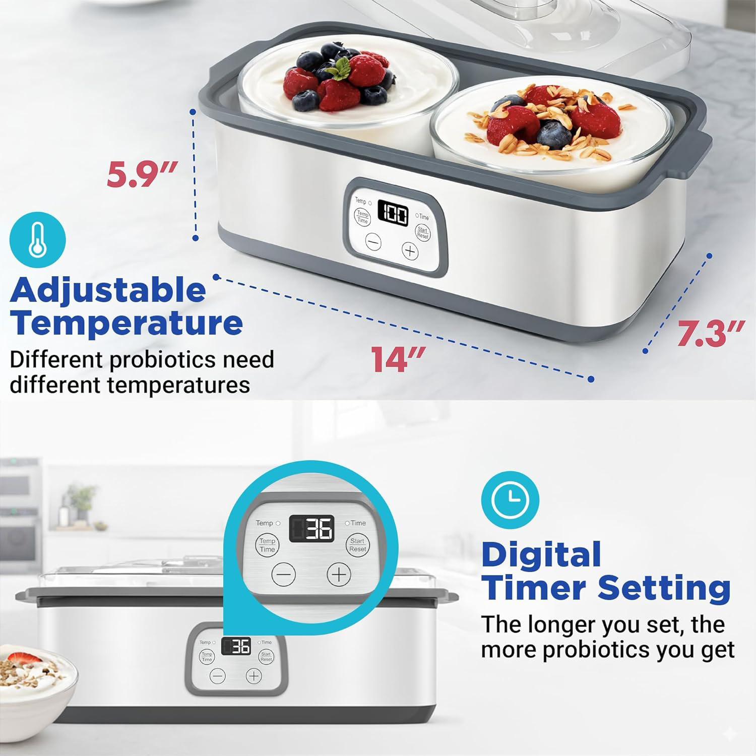 2-Cup Digital Yogurt Maker with Adjustable Temperature & Timer, Stainless Steel Yogurt Machine with Glass Jars for Homemade Yogurt, Kefir, and Fermented Foods