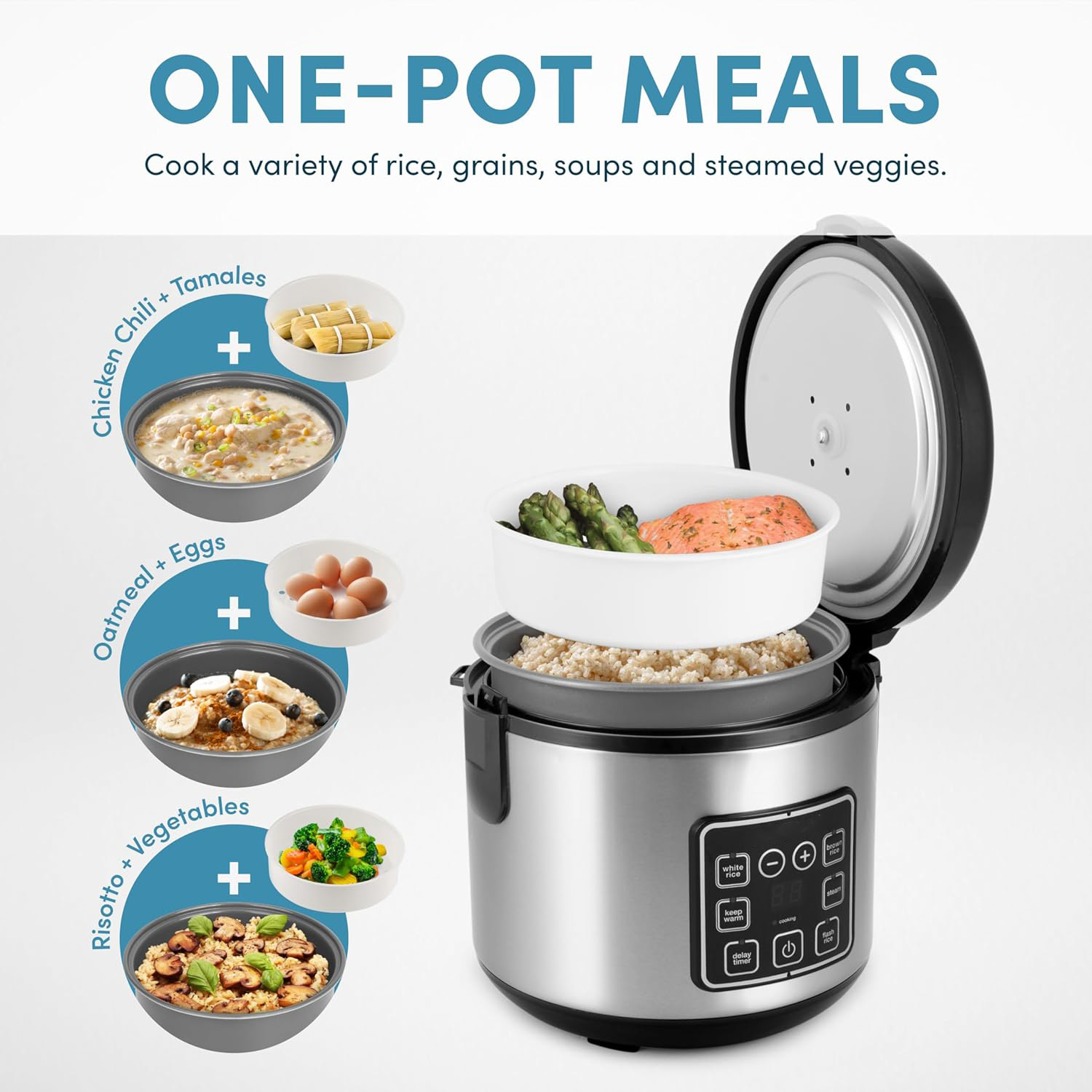 8-Cup Digital Rice Cooker with Steamer, Stainless Steel Multi-Function Cooker with Delay Timer & Keep Warm Function