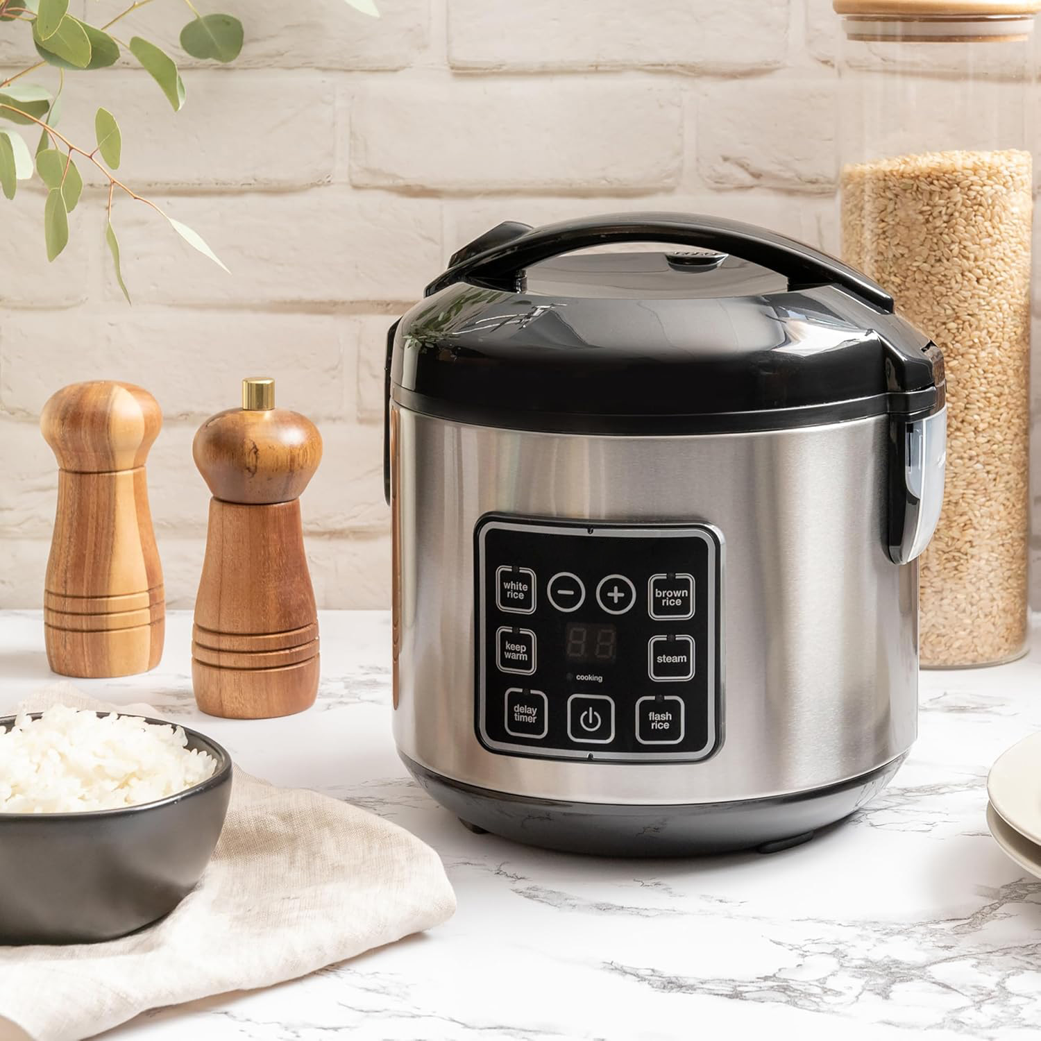 8-Cup Digital Rice Cooker with Steamer, Stainless Steel Multi-Function Cooker with Delay Timer & Keep Warm Function