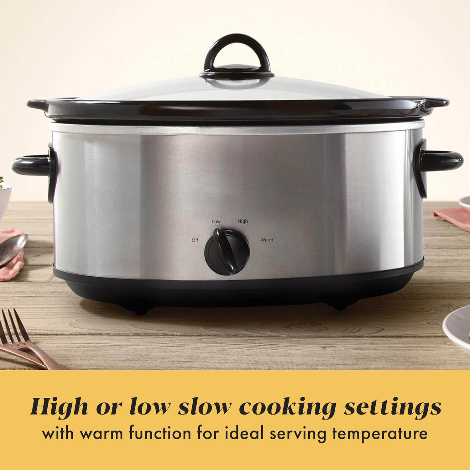 10-Quart Stainless Steel Slow Cooker, 3 Temperature Settings (Low/High/Warm) with Removable Stoneware Pot & Glass Lid