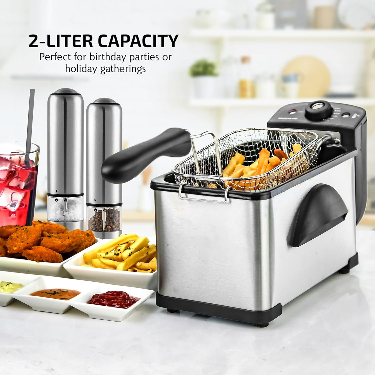 1.5L Electric Deep Fryer, Stainless Steel Fryer with Removable Basket & Adjustable Temperature Contro