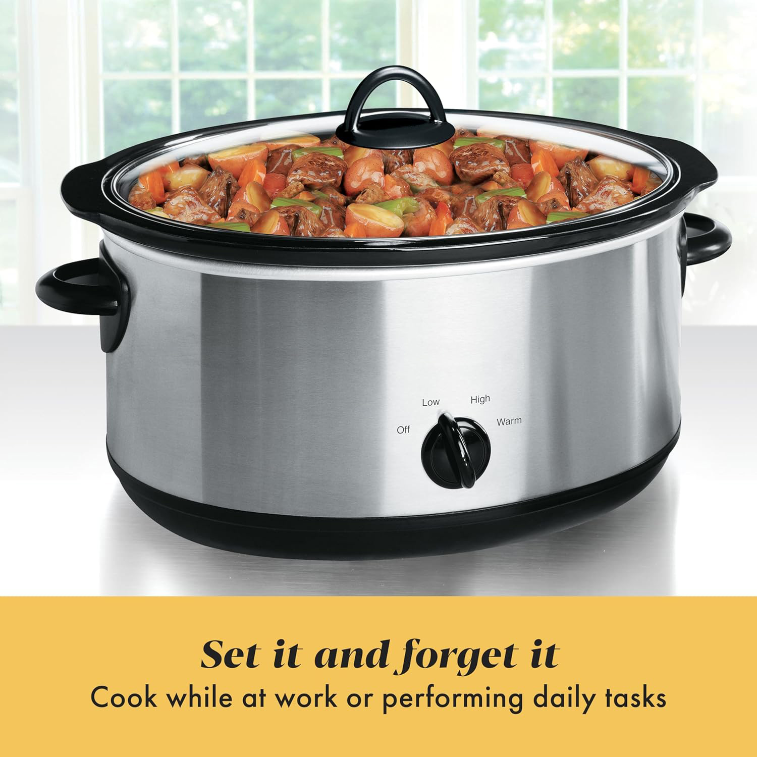 10-Quart Stainless Steel Slow Cooker, 3 Temperature Settings (Low/High/Warm) with Removable Stoneware Pot & Glass Lid