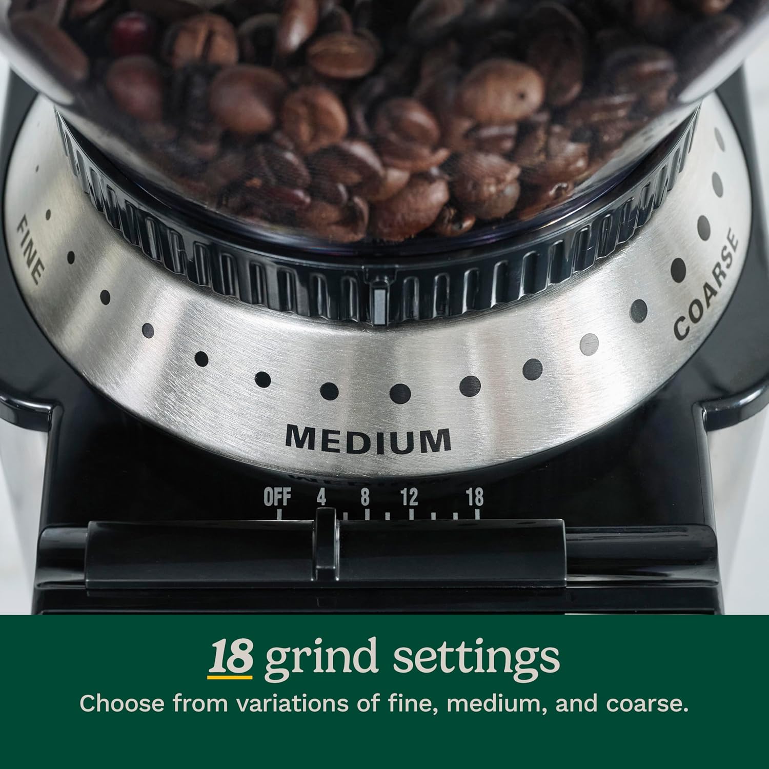 Conical Burr Coffee Grinder, 18 Grind Settings for Espresso, Pour Over, and French Press, Stainless Steel