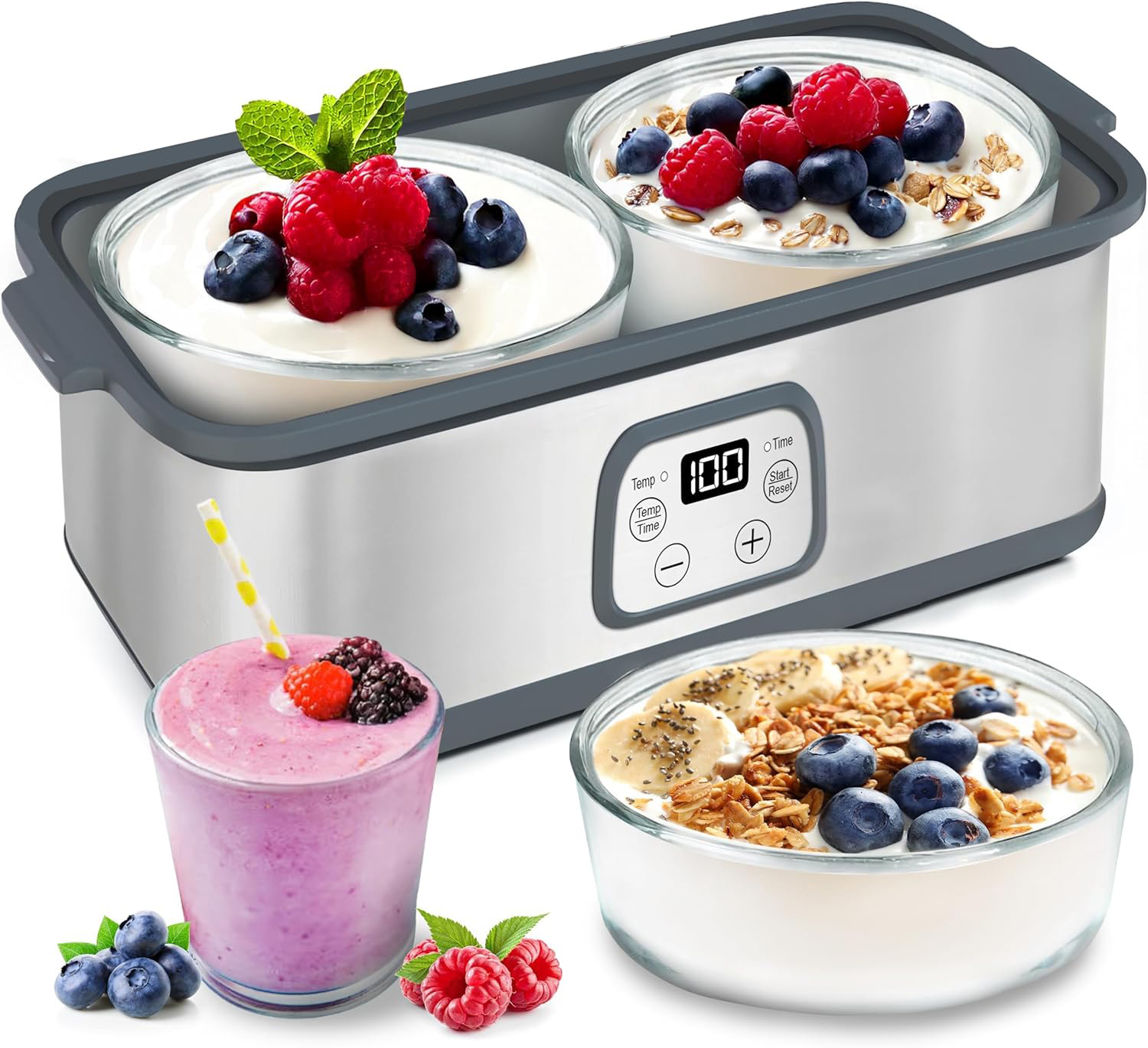 2-Cup Digital Yogurt Maker with Adjustable Temperature & Timer, Stainless Steel Yogurt Machine with Glass Jars for Homemade Yogurt, Kefir, and Fermented Foods