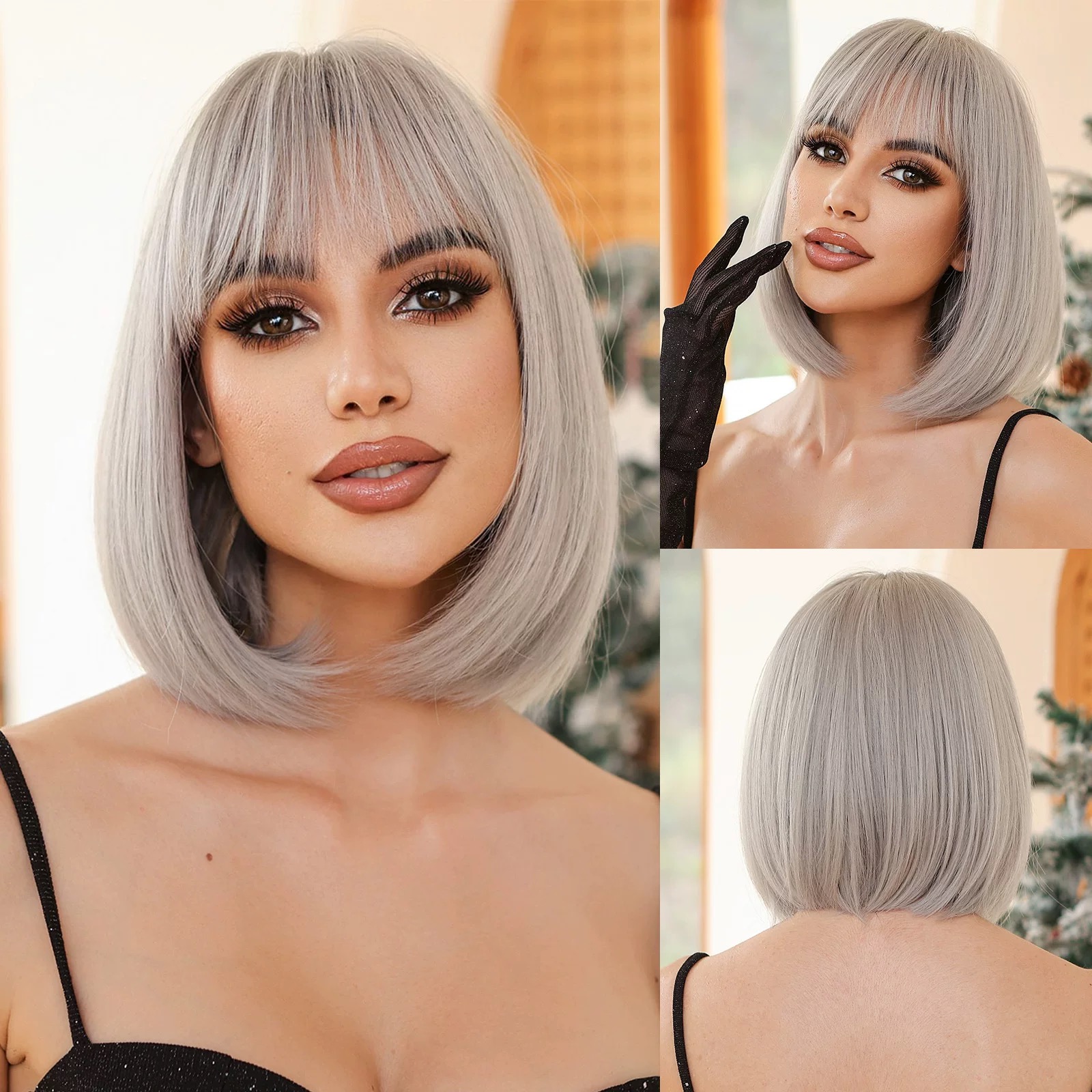 Light Gray Short Straight Hair – Sleek & Modern Synthetic Wig