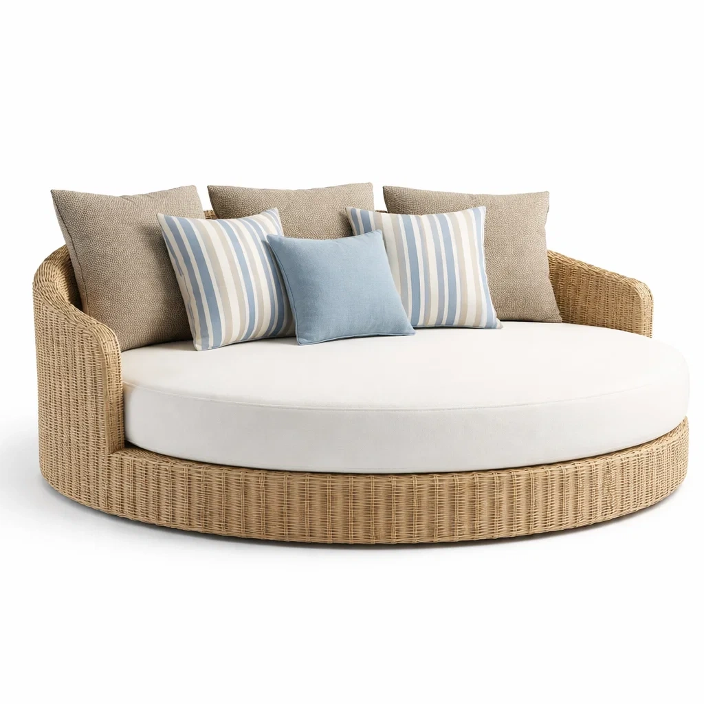 Canape rond exterieur rotin beige coussins clairs-nordicnestle