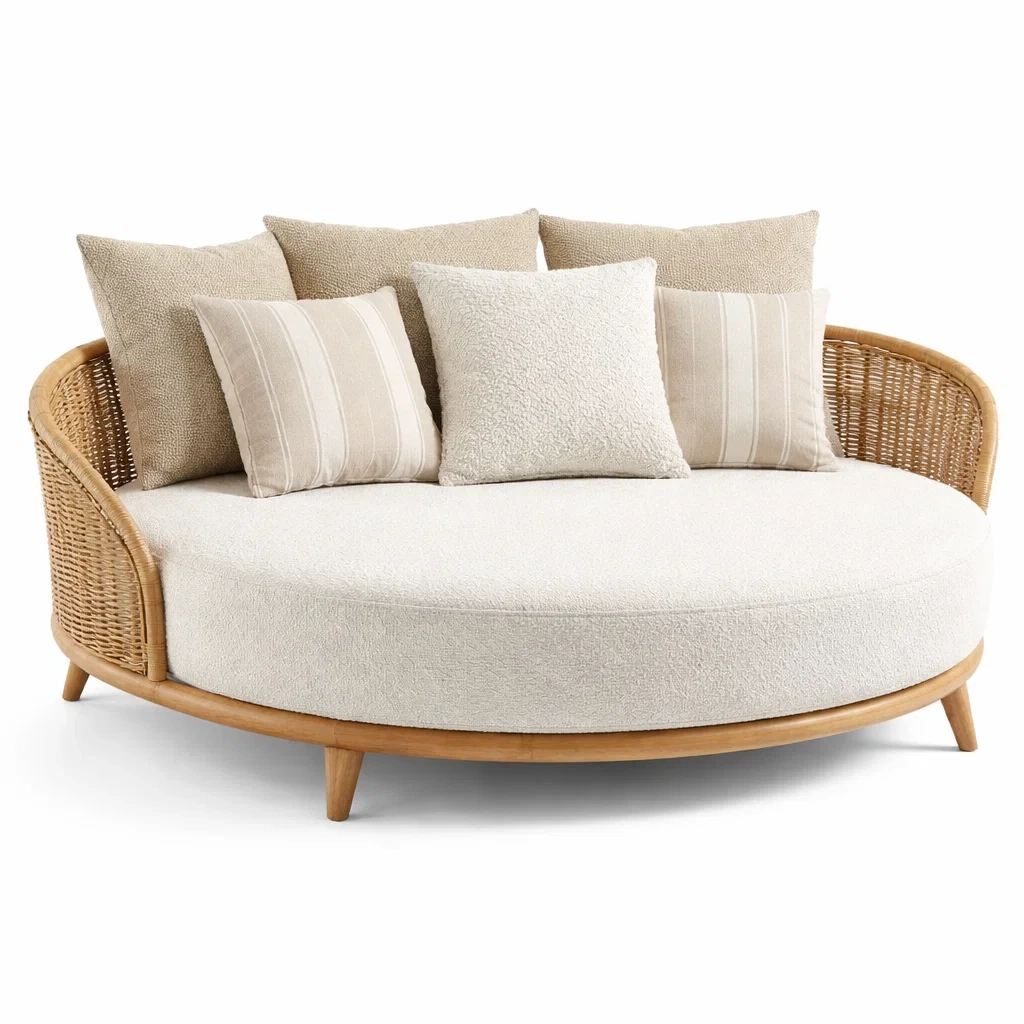 Canape rond design rotin bois coussins beige clair-nordicnestle