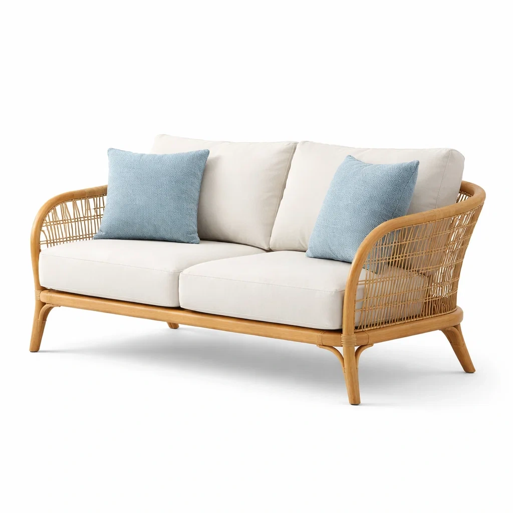 Canape deux places en rotin naturel avec coussins blancs-nordicnestle