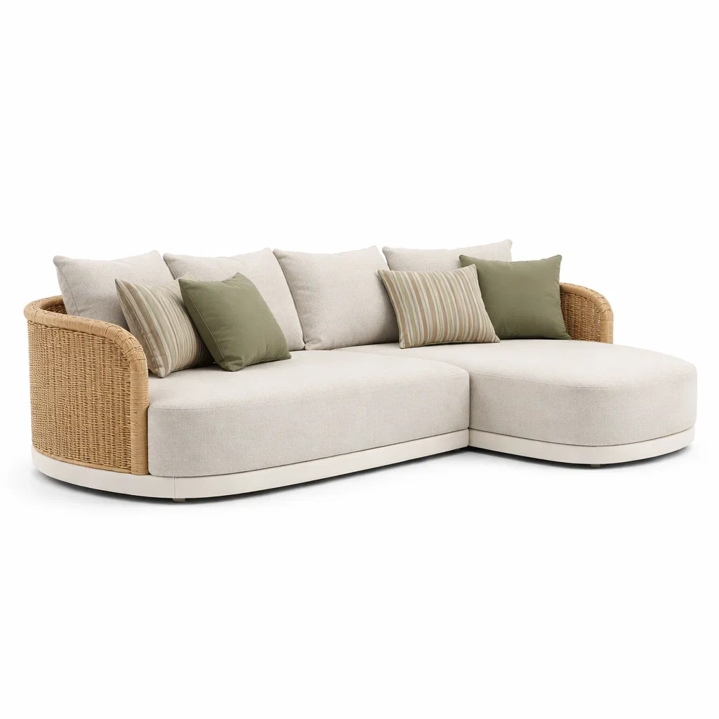 Canape d angle en rotin naturel avec meridienne et coussins clairs-nordicnestle