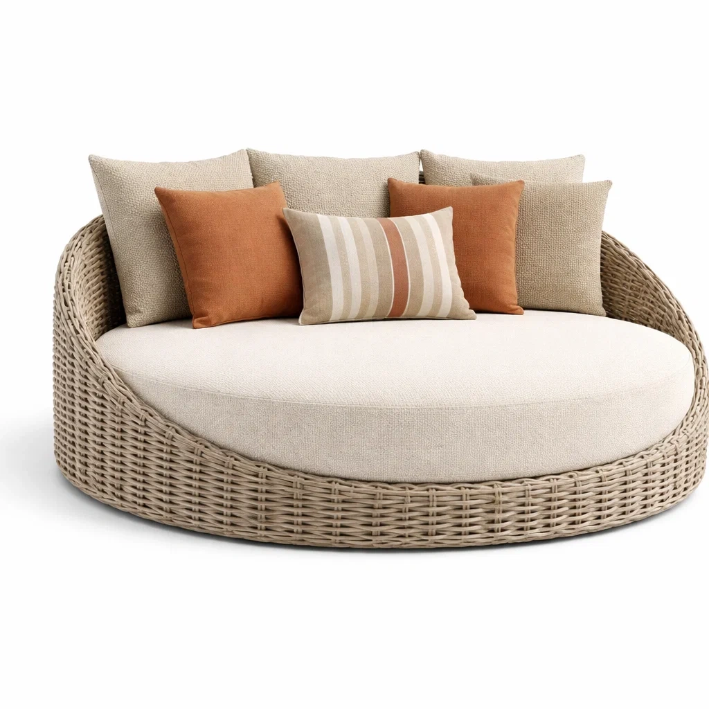 Canape rond exterieur en resine tressee beige