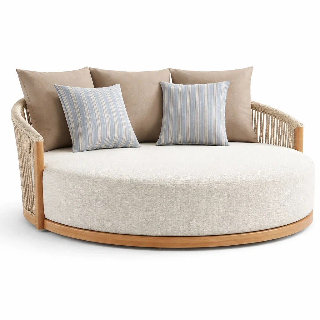 Canape rond lounge exterieur en bois et corde beige