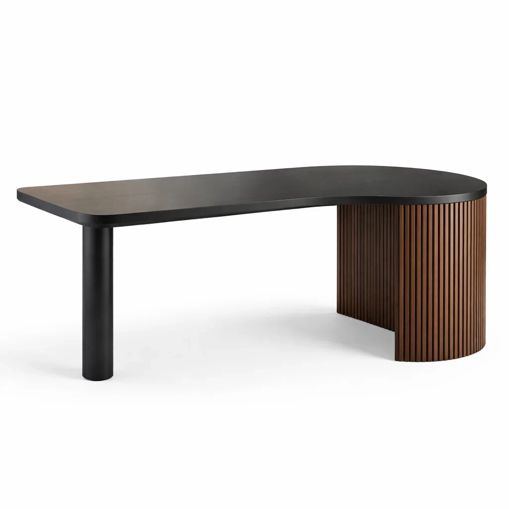 Banc courbe en plateau noir mat et base bois cannelee-hearthhint