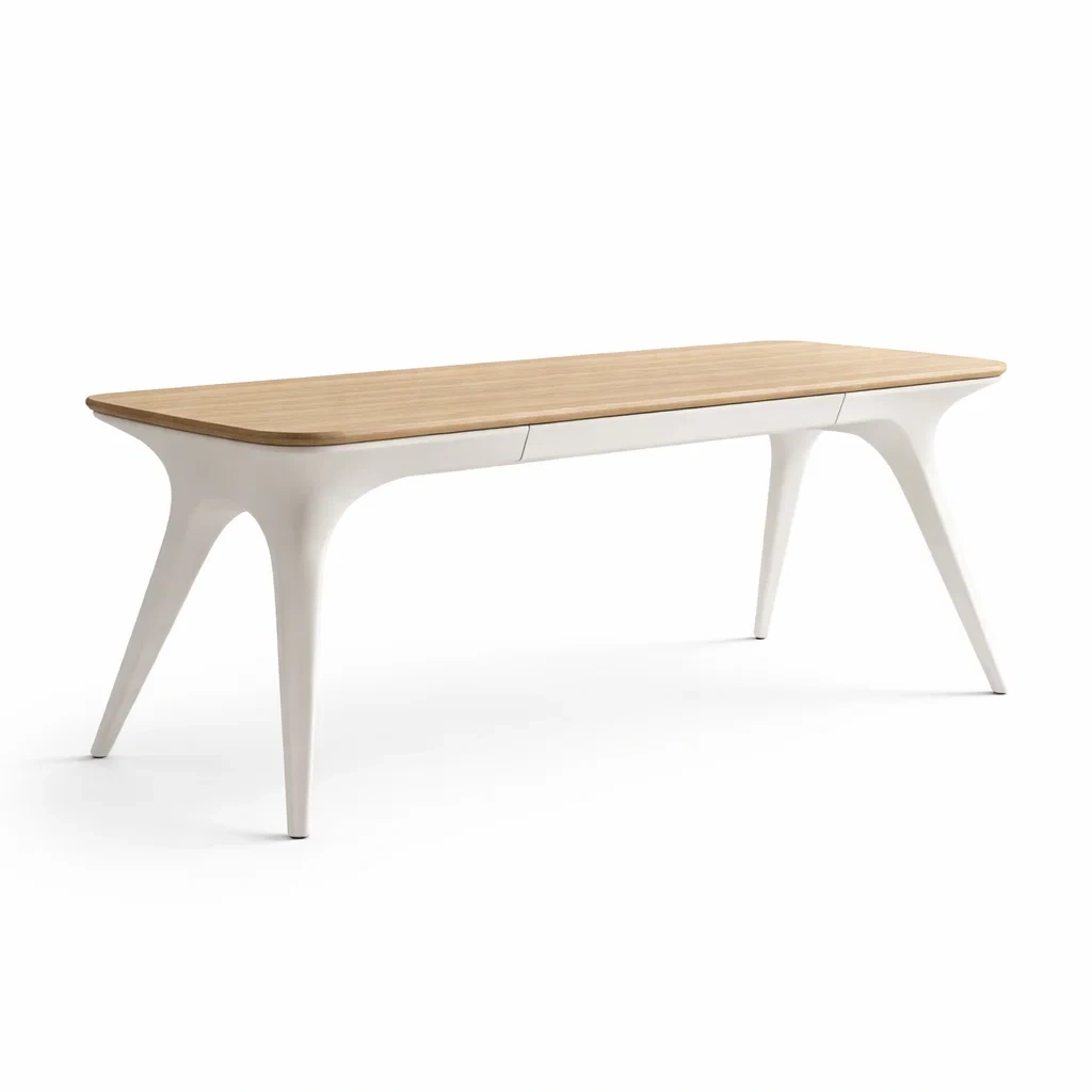 Table allongee aux angles arrondis en bois clair et base blanche-hearthhint