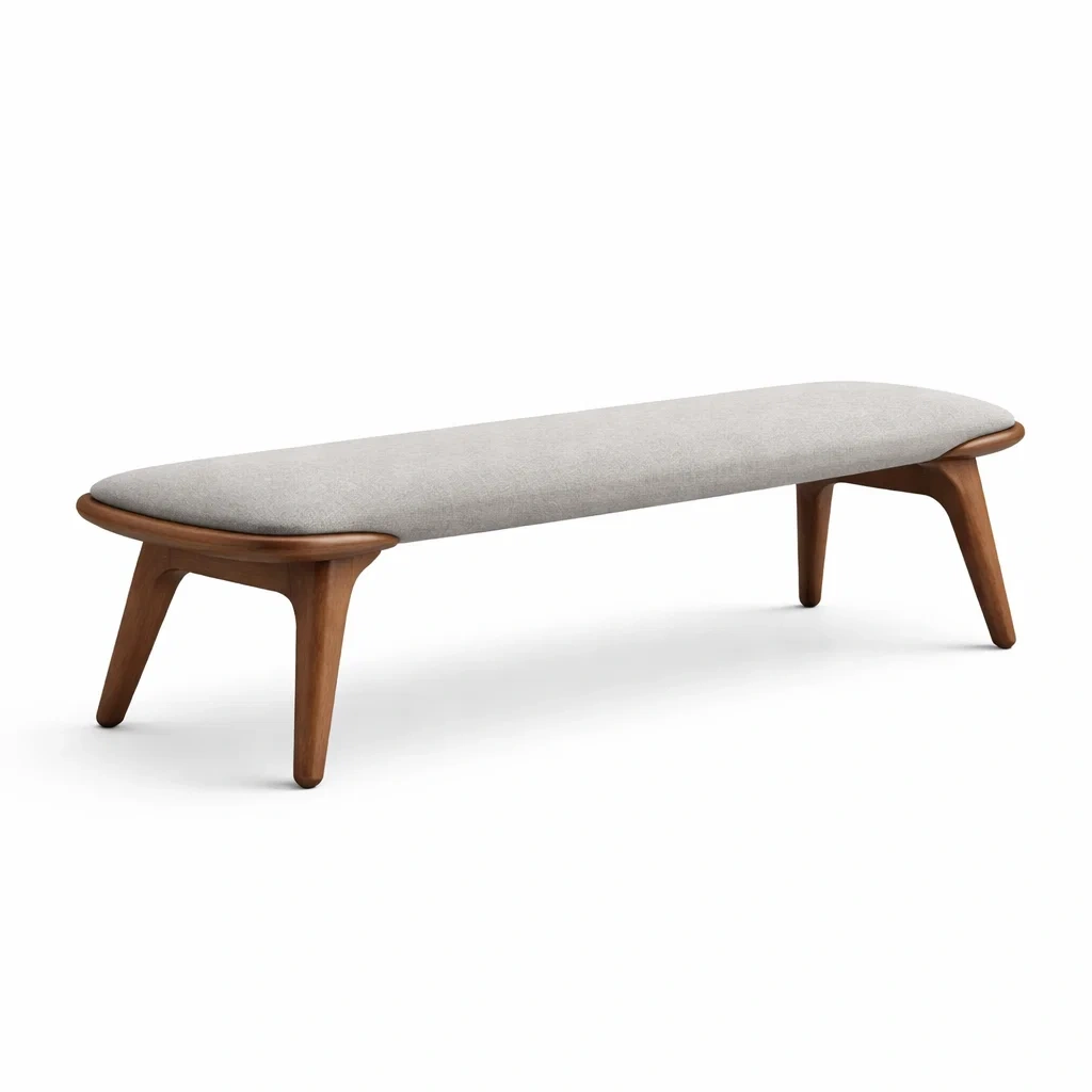 Banc allonge rembourre en tissu gris sur structure bois brun-hearthhint