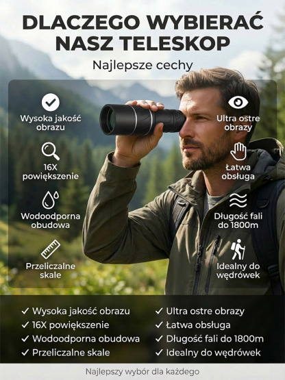 Wojskowy Monokular 16X HD | Zasięg 1800m | Płatność przy odbiorze