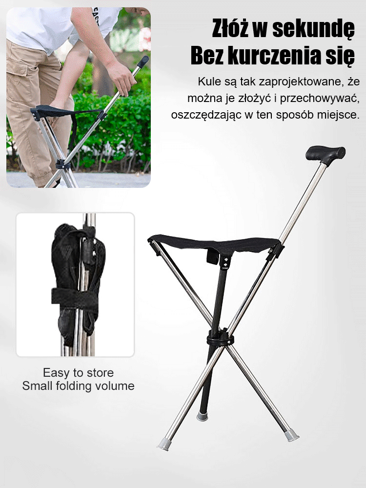 【Prezent 2w1】Ultralekka (0,6kg) Aluminiowa Laska z Krzesłem | Rozkładanie w 1s · 150kg Udźwigu · Trójkątna Stabilność