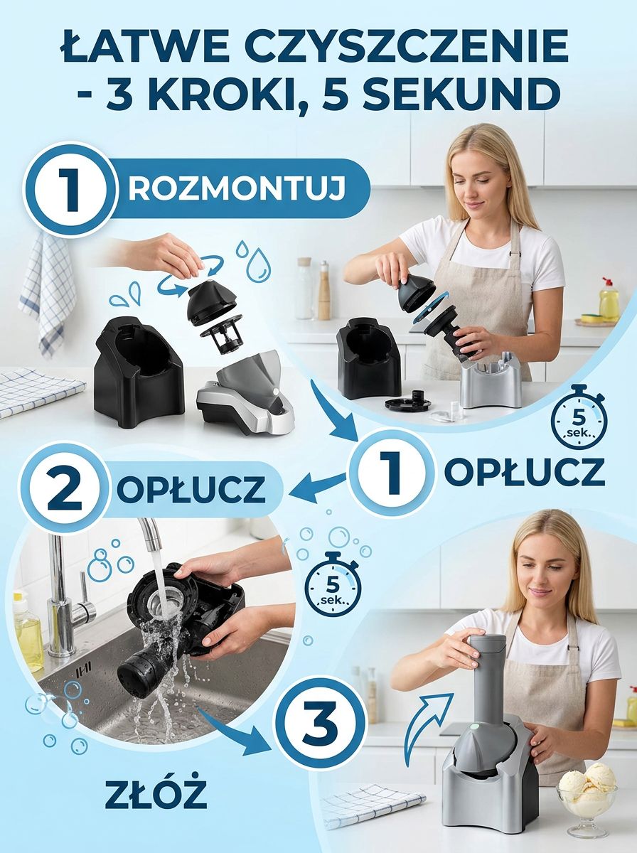 [-50% Promocja] Automatyczna Maszynka do Lodów | Lody w 60s | 100% Owoców 0 Cukru | Mikromielenie | Mycie w 3s