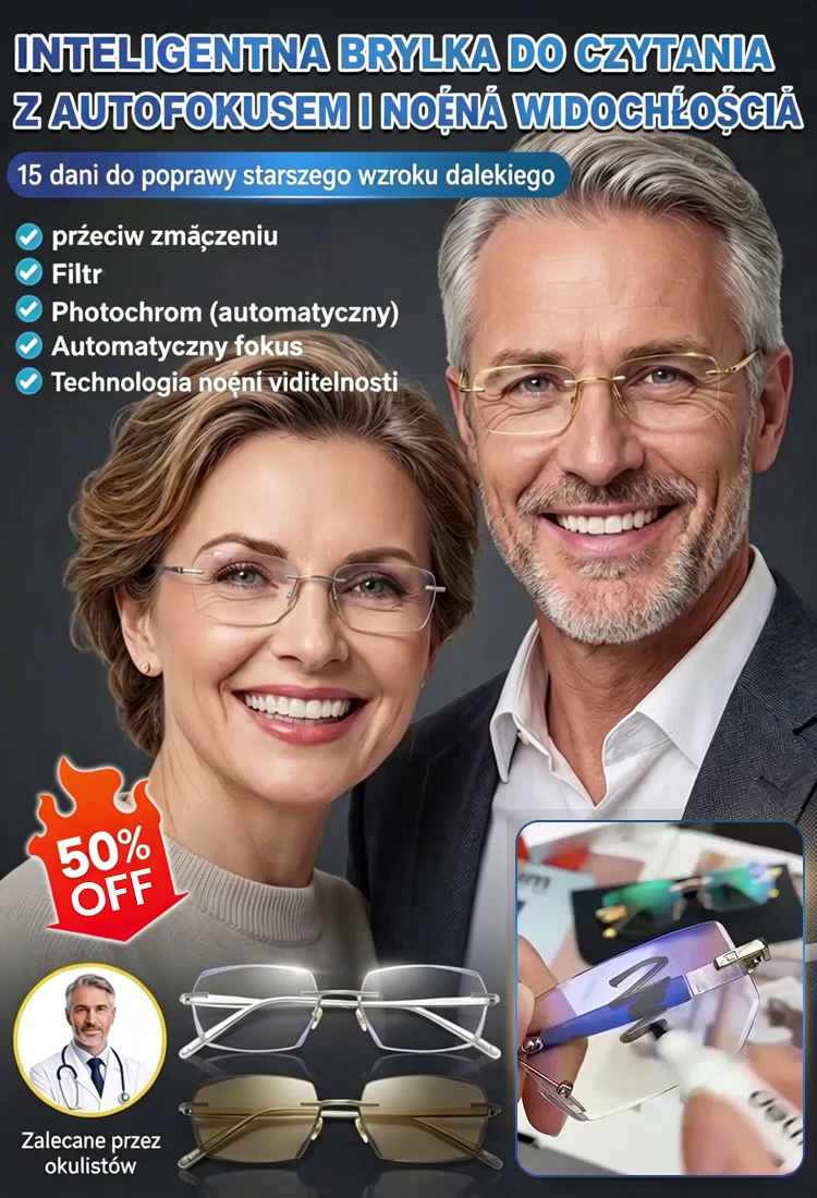  [Niemiecka Technologia] Inteligentne Okulary 3w1 z Autofokusem | Fotochromy + Noktowizja | Lekki Tytan