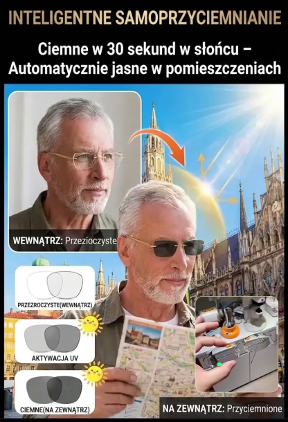  [Niemiecka Technologia] Inteligentne Okulary 3w1 z Autofokusem | Fotochromy + Noktowizja | Lekki Tytan