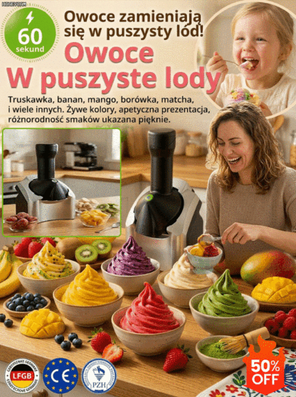 [-50% Promocja] Automatyczna Maszynka do Lodów | Lody w 60s | 100% Owoców 0 Cukru | Mikromielenie | Mycie w 3s